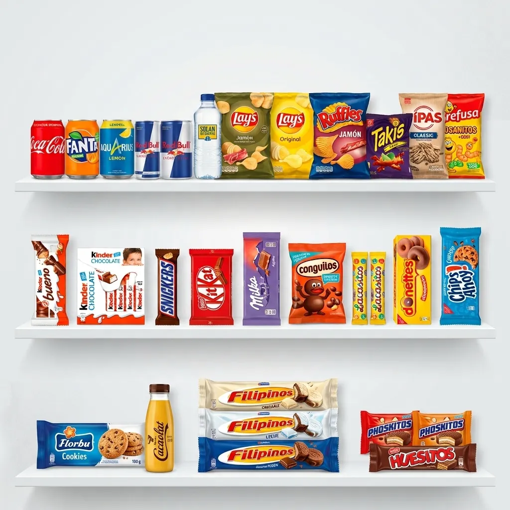 Estanterías con bebidas, patatas fritas, chocolatinas y galletas como las de una máquina vending