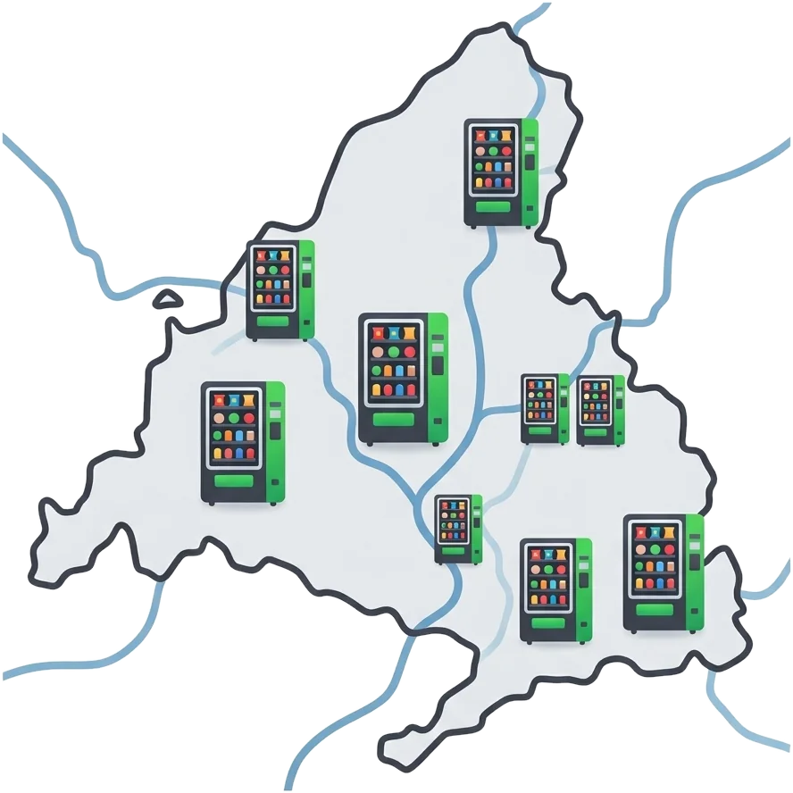 Mapa de la Comunidad de Madrid con máquinas vending repartidas por todo el territorio