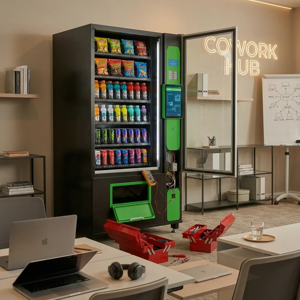 Máquina vending abierta durante una reparación, con un polímetro y cajas de herramientas